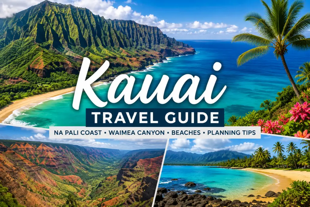 Kauai coastline with turquoise water, green cliffs, beaches, and tropical scenery for a Hawaii travel guide
