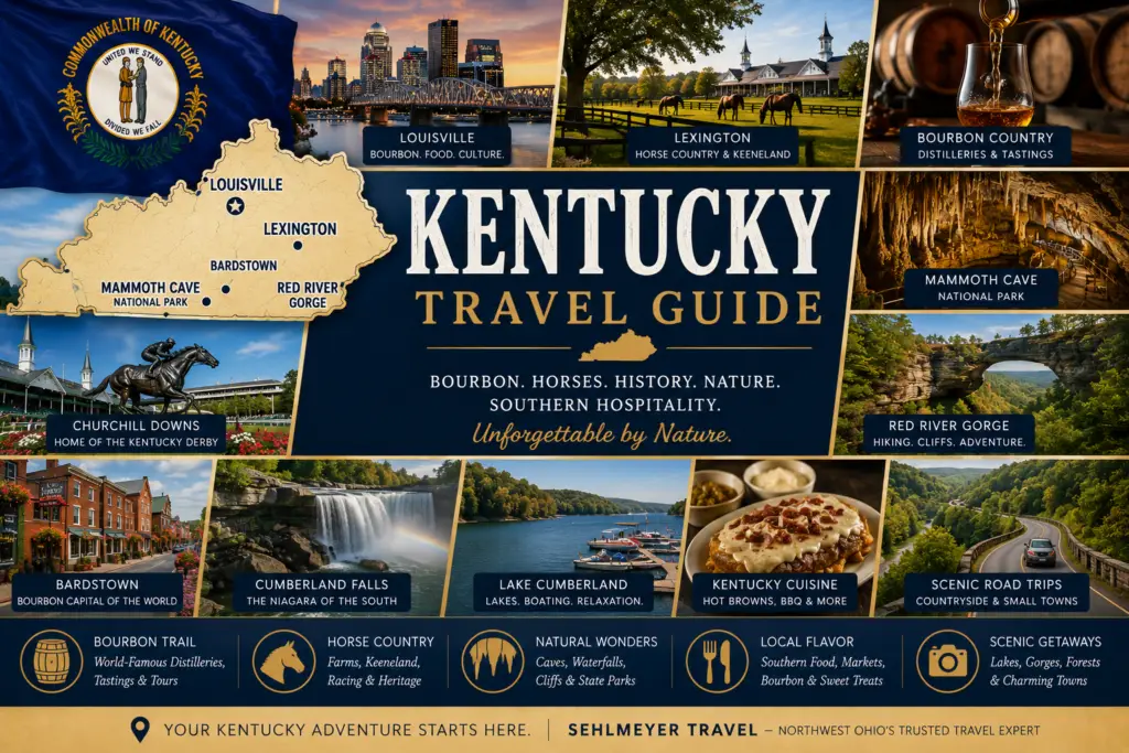 Premium Kentucky travel guide collage with state map flag Louisville Lexington bourbon country horse farms Mammoth Cave Red River Gorge Bardstown Cumberland Falls Lake Cumberland food and scenic road trips