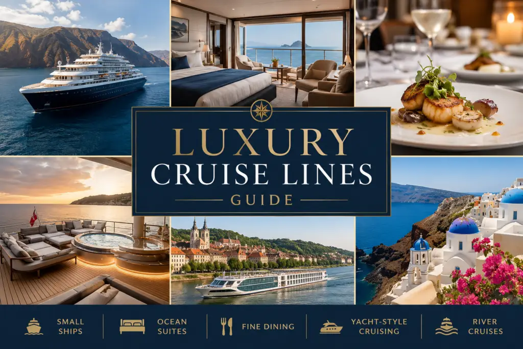 Premium luxury cruise lines collage with small ships ocean suites fine dining yacht-style cruising river cruises and elegant destinations