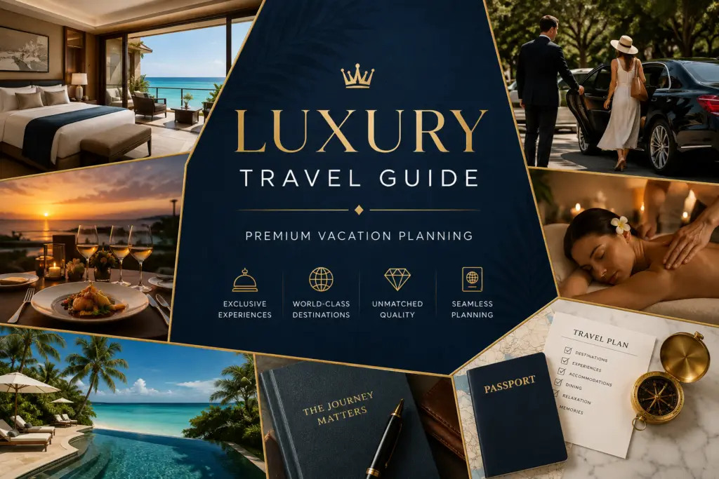 Luxury travel editorial collage with resort suite private transfer fine dining spa beach and premium vacation planning details
