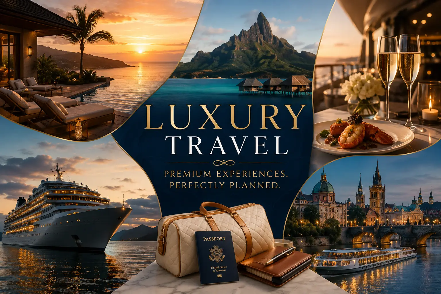 Luxury travel guides collage with premium resorts, luxury cruises, dream destinations, overwater villas, refined service, special occasion trips, and Sehlmeyer Travel planning
