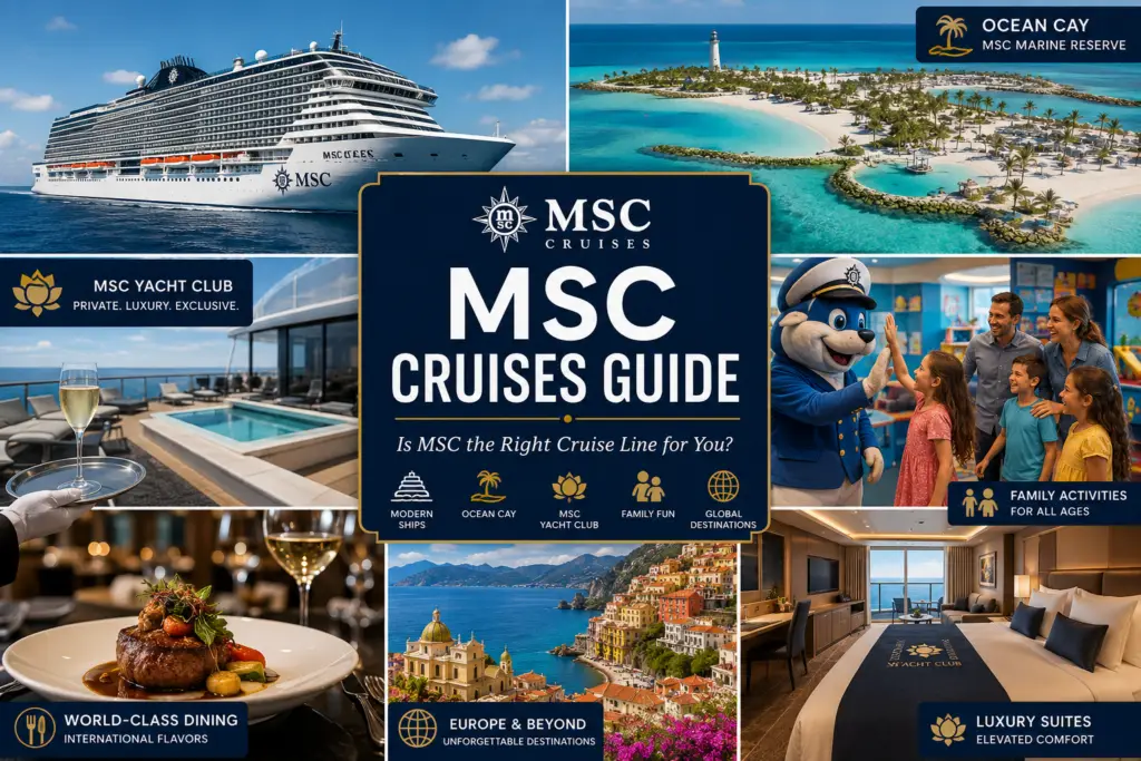 Premium MSC Cruises guide collage with modern cruise ship Ocean Cay MSC Yacht Club family activities dining Caribbean Europe and luxury suite experience
