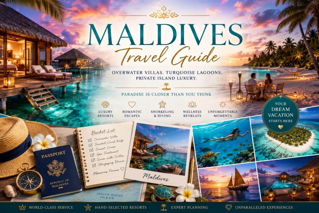 Magical Maldives travel guide collage with overwater villa turquoise lagoon private island beach snorkeling sunset and premium vacation planning