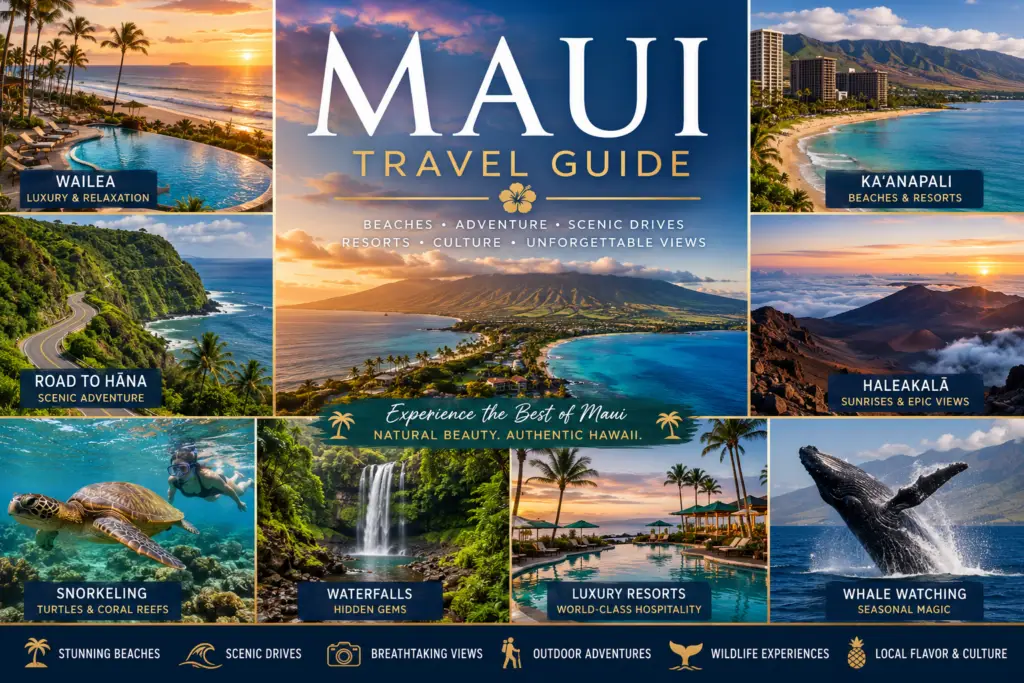 Premium Maui travel guide collage with Wailea Kaanapali Road to Hana Haleakala beaches snorkeling waterfalls luxury resorts and whale watching