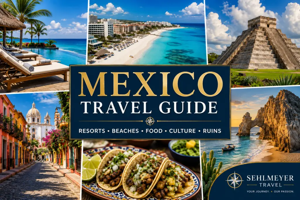 Mexico travel collage with beach resort turquoise water Mayan ruins Mexico City food culture and coastal scenery for a Mexico vacation guide