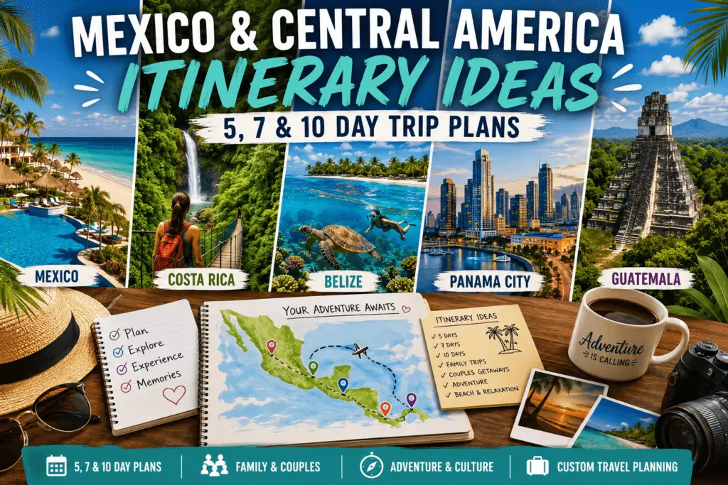 Travel itinerary collage with Mexico beach resort Costa Rica rainforest Belize reef Panama city and Central America trip planning details