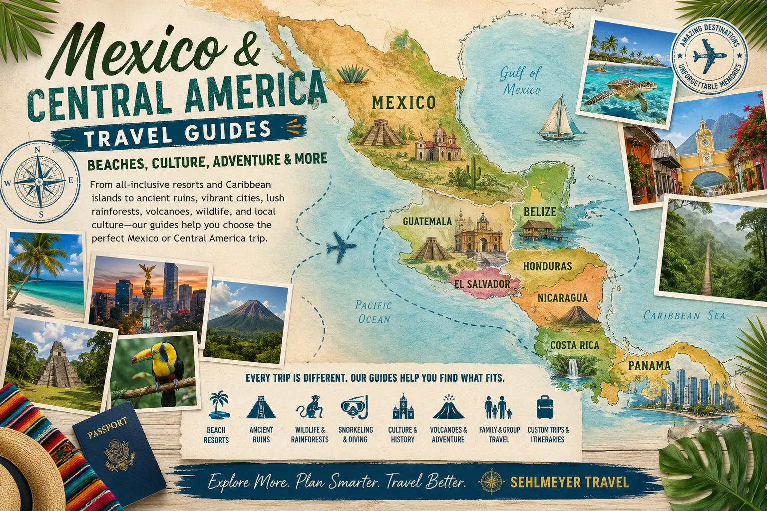 Mexico and Central America travel guides map collage with beaches, resorts, rainforests, volcanoes, Mayan ruins, wildlife, snorkeling, islands, culture, and Sehlmeyer Travel planning