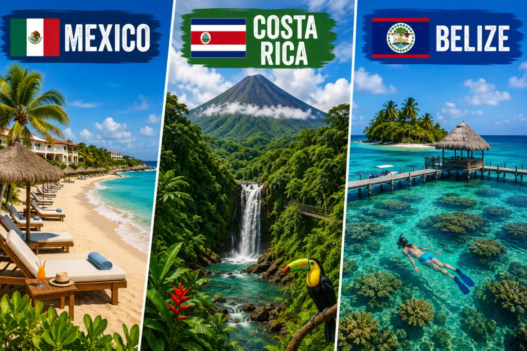Split travel scene comparing Mexico beach resort Costa Rica rainforest and Belize reef for a Mexico Costa Rica Belize vacation guide