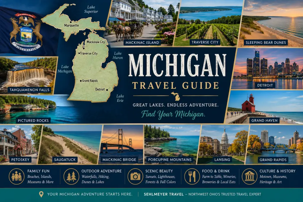 Premium Michigan travel guide collage with state map flag Mackinac Island Traverse City Sleeping Bear Dunes Detroit Lake Michigan beaches Pictured Rocks and Upper Peninsula road trips
