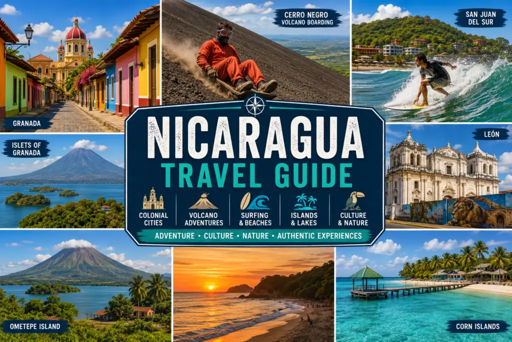 Nicaragua travel collage with Granada colonial streets León volcano boarding San Juan del Sur surfing Ometepe Island volcanoes and Lake Nicaragua