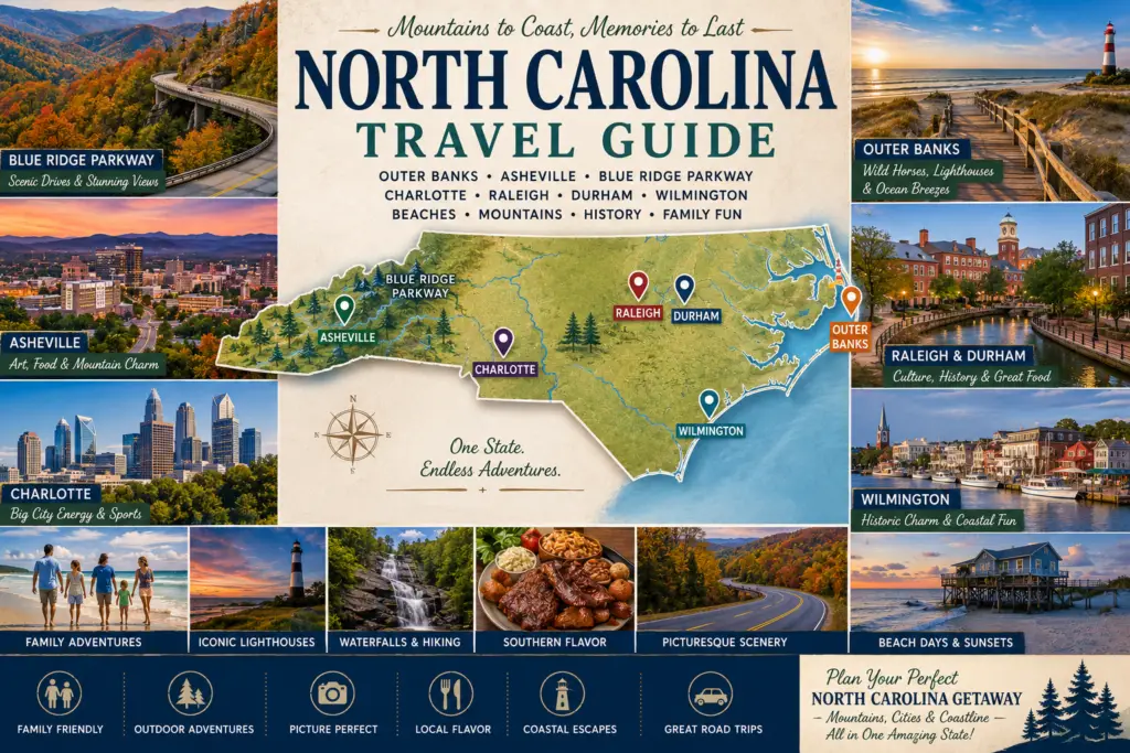 Premium North Carolina travel guide collage with state map pins for Outer Banks Asheville Blue Ridge Parkway Charlotte Raleigh Durham Wilmington beaches mountains lighthouses and family road trips
