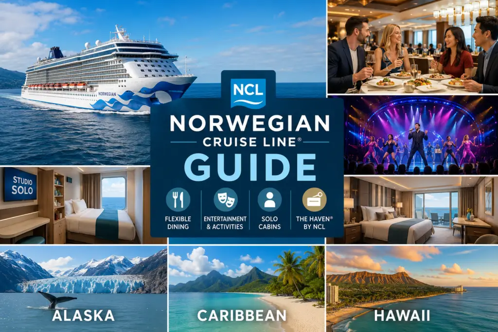 Premium Norwegian Cruise Line guide collage with modern cruise ship ocean views flexible dining entertainment solo cabins The Haven Alaska Caribbean and Hawaii