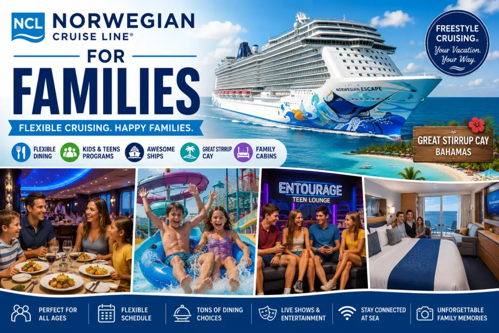 Premium Norwegian Cruise Line family cruise collage with parents kids teens flexible dining waterslides Great Stirrup Cay family cabins and Caribbean cruise ship