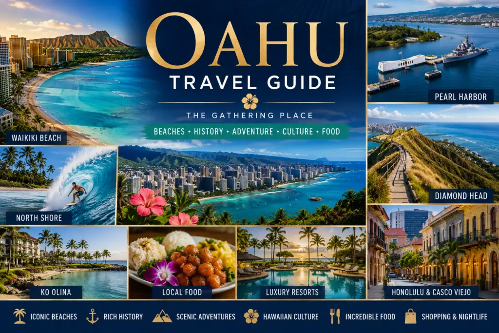Premium Oahu travel guide collage with Waikiki Beach Diamond Head Pearl Harbor North Shore Ko Olina beaches food resorts and Honolulu scenery