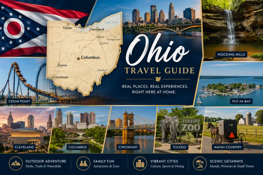 Premium Ohio travel guide collage with Hocking Hills waterfalls Cedar Point Lake Erie islands Cleveland Columbus Cincinnati Toledo and Amish Country road trips