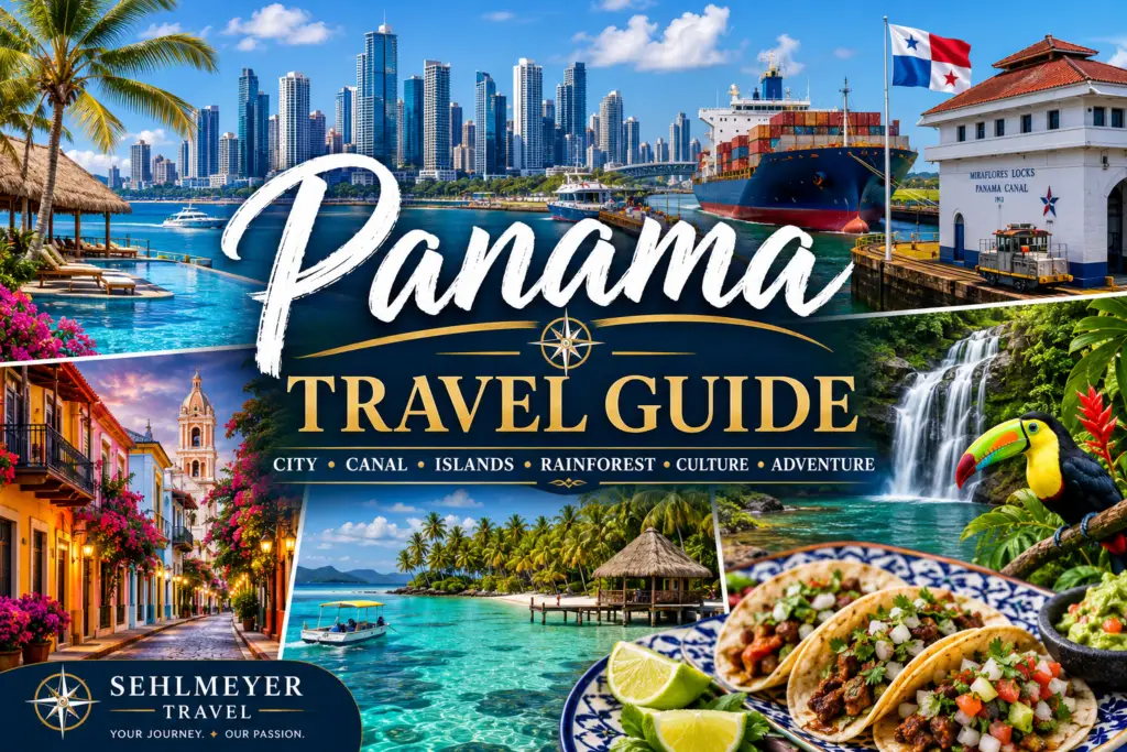 Panama travel collage with Panama City skyline Panama Canal Casco Viejo rainforest San Blas islands and tropical scenery for a Panama vacation guide