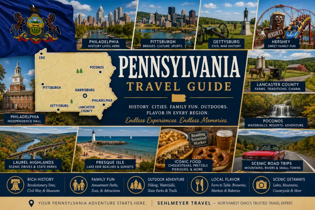 Premium Pennsylvania travel guide collage with state map flag Philadelphia Pittsburgh Gettysburg Hershey Lancaster County Poconos Laurel Highlands Presque Isle history food and road trips