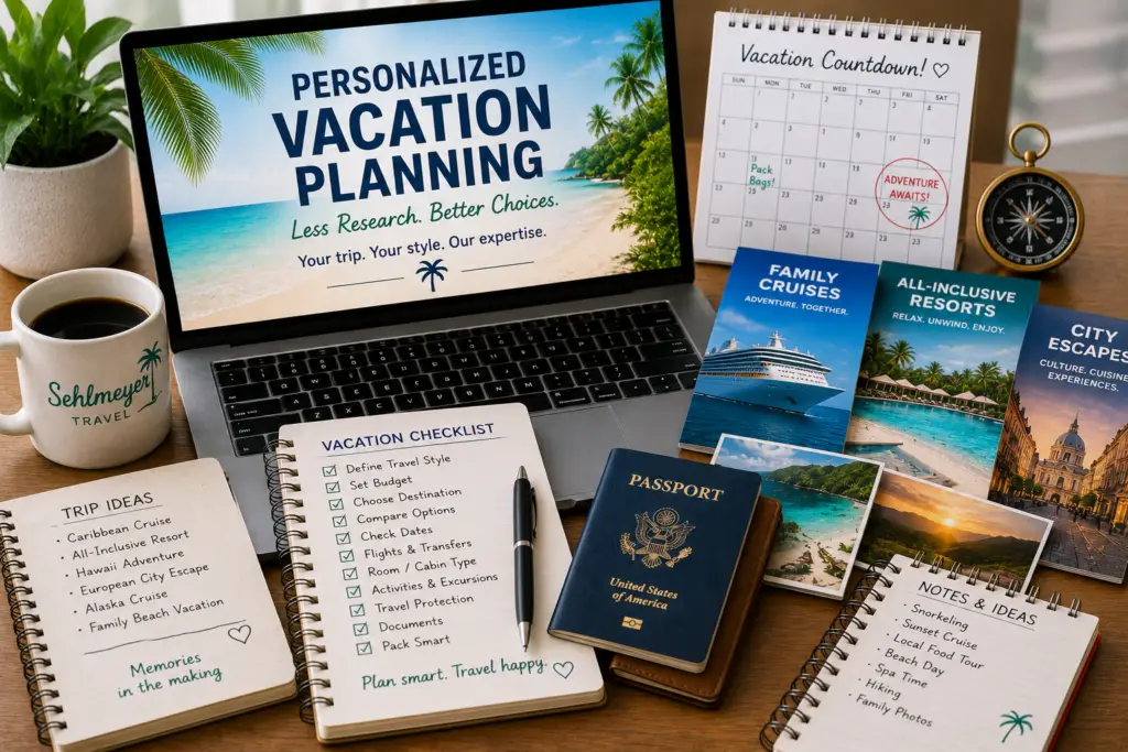 Personalized vacation planning desk with laptop travel notes cruise brochures resort options calendar passport and checklist for narrowing trip choices