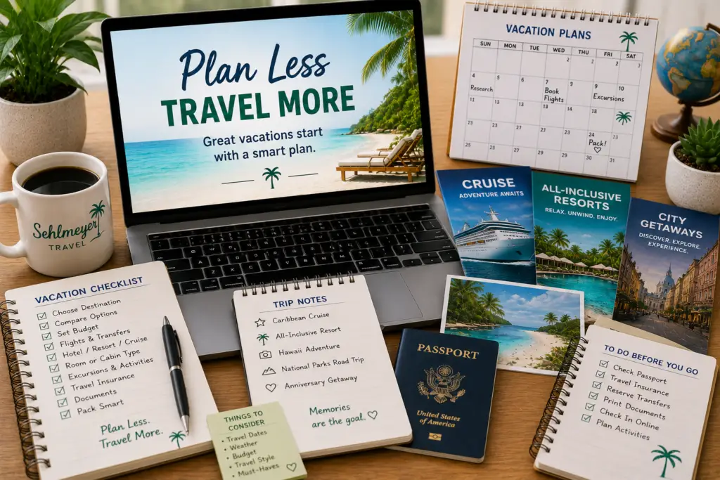 Organized travel planning desk with laptop cruise brochures resort notes passport calendar and checklist for easier vacation planning
