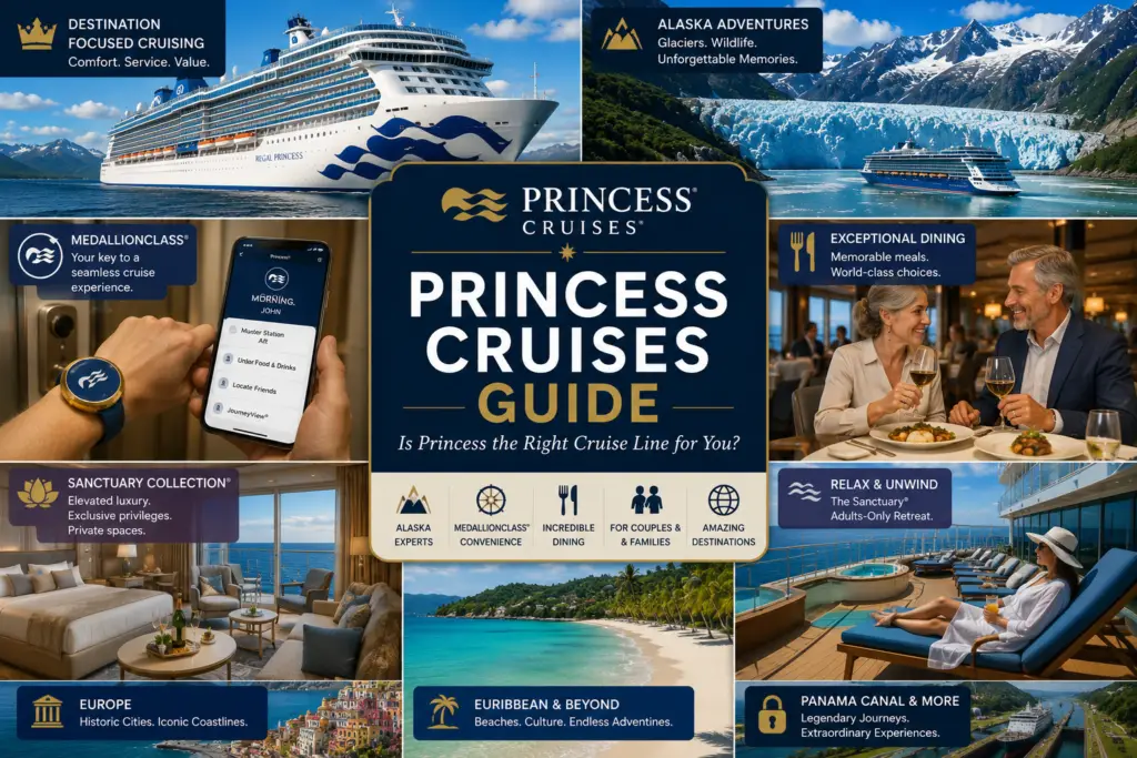Premium Princess Cruises guide collage with modern cruise ship Alaska glaciers MedallionClass dining couples Sanctuary Collection Caribbean Europe and destination cruising