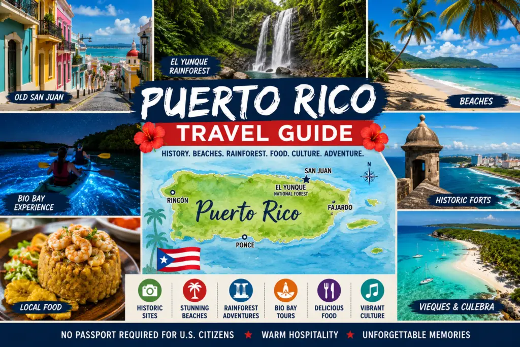 Puerto Rico travel collage with Old San Juan colorful streets El Yunque rainforest beaches bioluminescent bay food island map and Caribbean scenery
