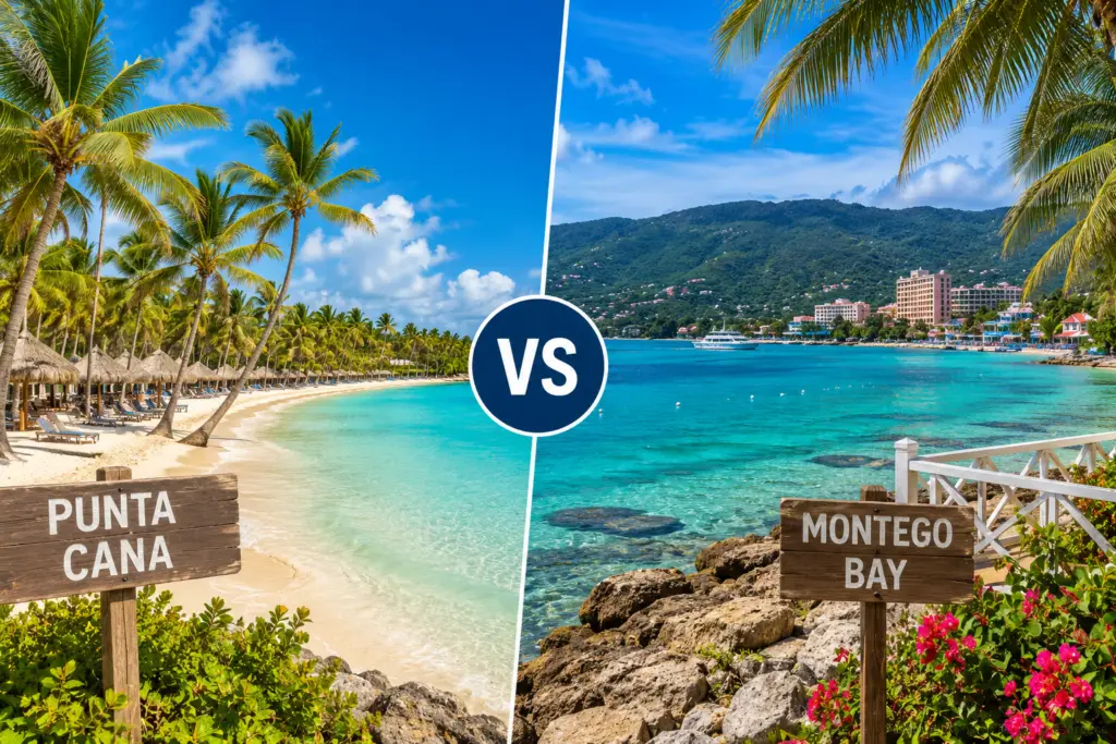 Split tropical beach scene comparing Punta Cana and Montego Bay for an all-inclusive Caribbean vacation