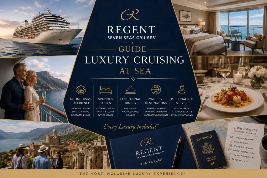 Luxury Regent Seven Seas style editorial collage with elegant cruise ship suite balcony fine dining shore excursions and premium cruise planning