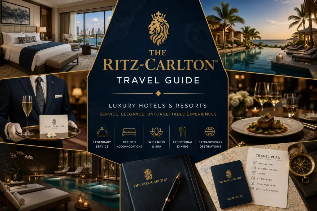 Luxury Ritz-Carlton style editorial collage with refined hotel suite resort pool Club Level service fine dining and premium travel planning