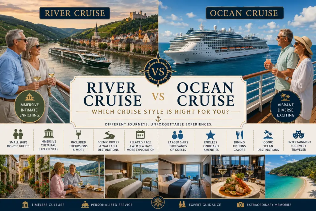 Premium river cruise vs ocean cruise comparison collage with European river ship ocean cruise ship luxury dining scenic ports balcony cabin and traveler decision guide