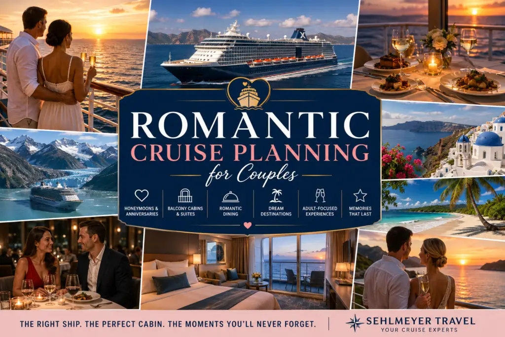 Premium romantic cruise collage with couple on balcony ocean sunset dining honeymoon anniversary Caribbean Alaska Mediterranean and luxury cruise moments