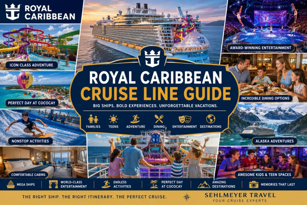 Premium Royal Caribbean cruise collage with mega ship families teens CocoCay waterslides dining entertainment Caribbean Alaska cabins and big ship activities