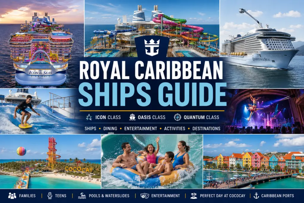 Premium Royal Caribbean ships guide collage with Icon Oasis Quantum cruise ships families teens pools waterslides entertainment Perfect Day at CocoCay and Caribbean ports