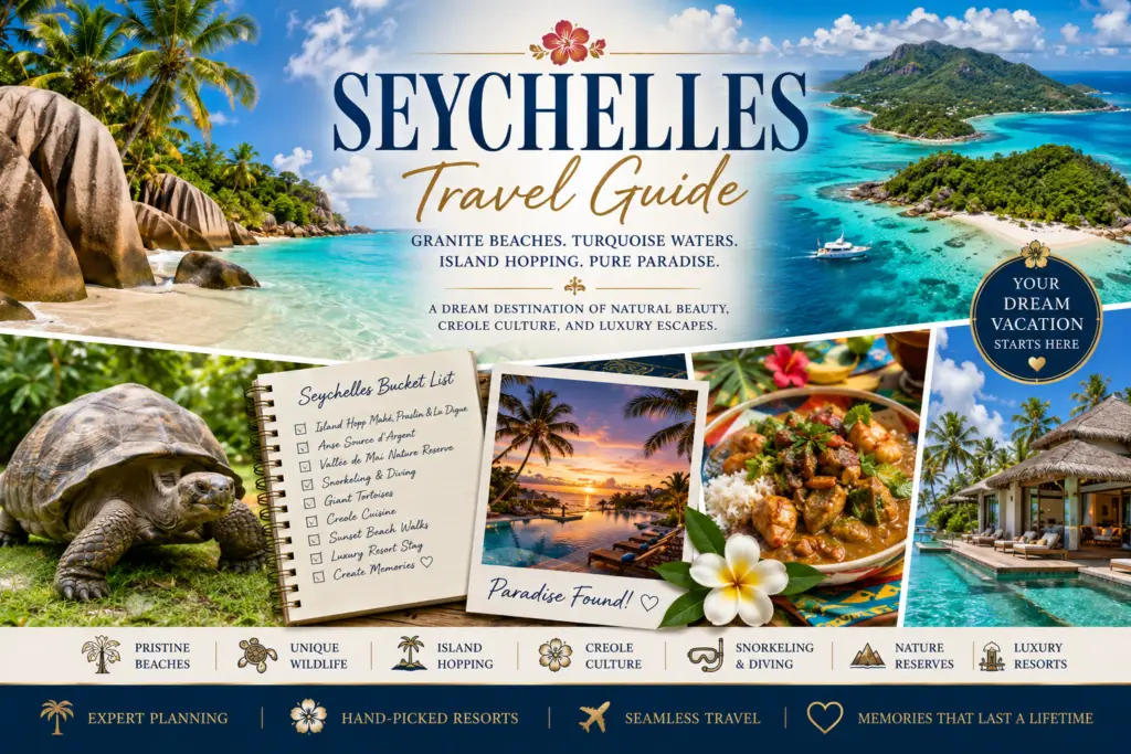 Magical Seychelles travel guide collage with granite boulder beach turquoise water island hopping tortoises Creole culture luxury resort and premium planning