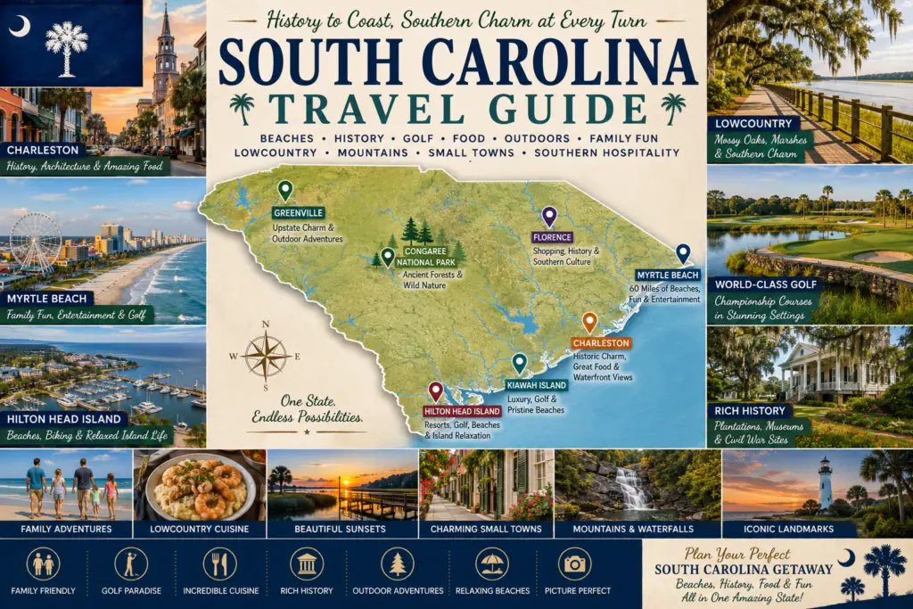 Premium South Carolina travel guide collage with state map pins for Charleston Myrtle Beach Hilton Head Kiawah Greenville Congaree Lowcountry beaches golf food history and family vacations