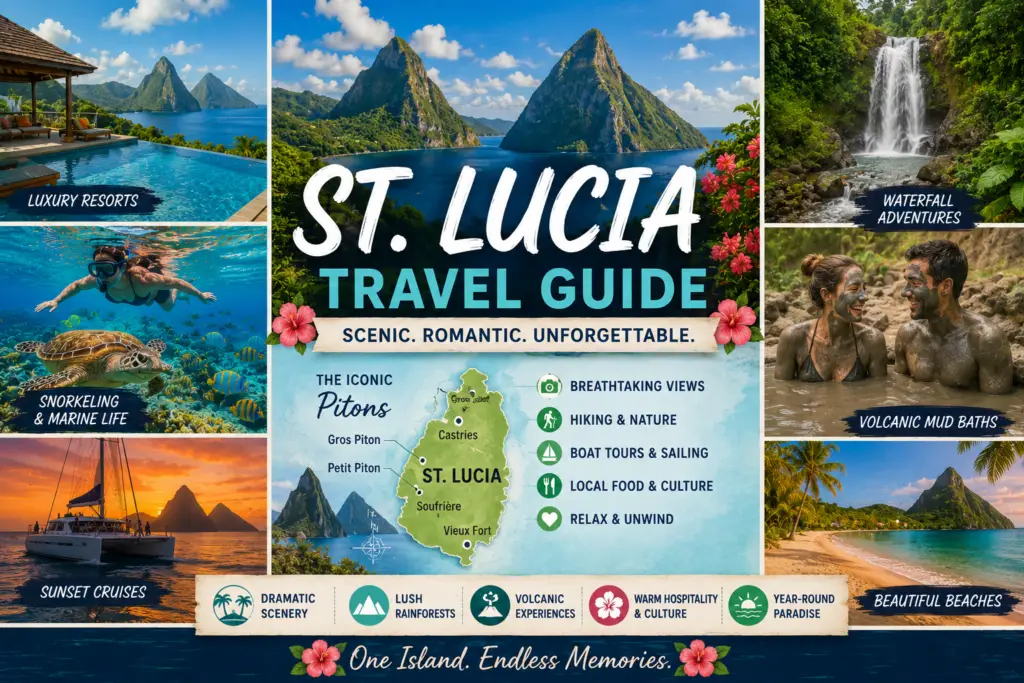 St. Lucia travel collage with Pitons Soufrière luxury resorts waterfalls mud baths snorkeling beach sunset island map and Caribbean scenery