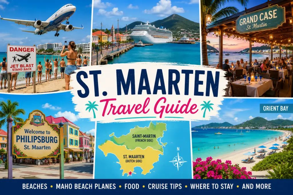 St. Maarten travel collage with Maho Beach planes Philipsburg cruise port Grand Case dining Orient Bay turquoise water island map and Caribbean scenery