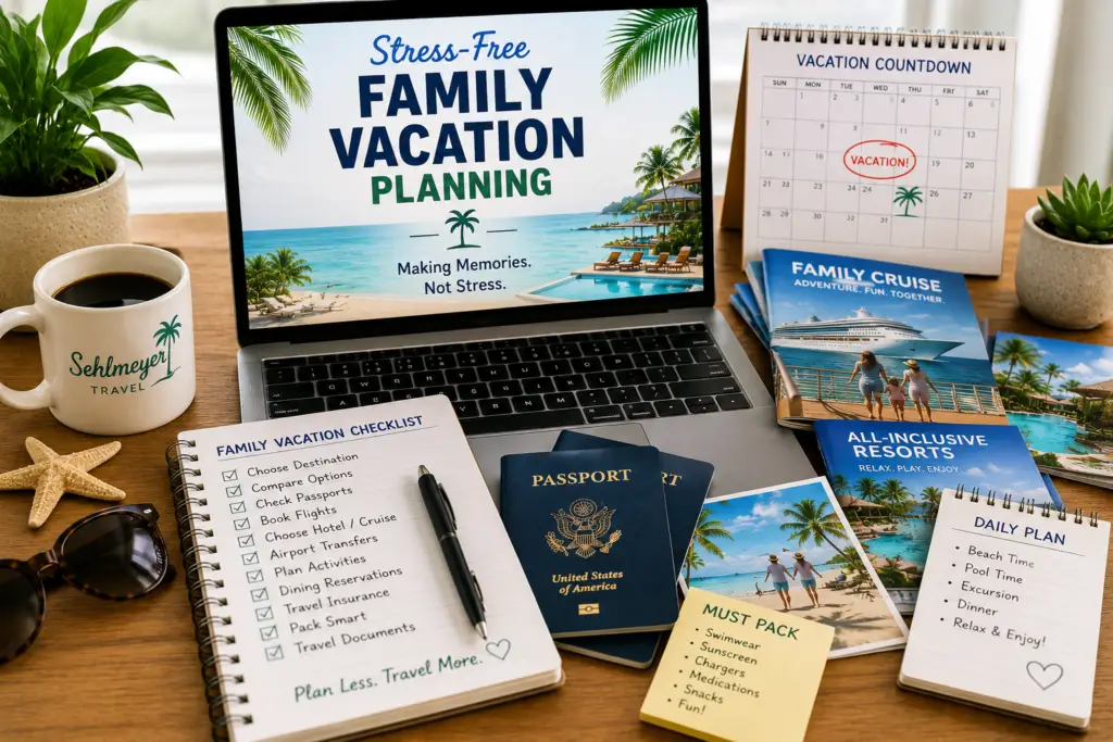 Family vacation planning desk with laptop calendar passports resort brochures cruise notes and checklist for a stress-free family trip