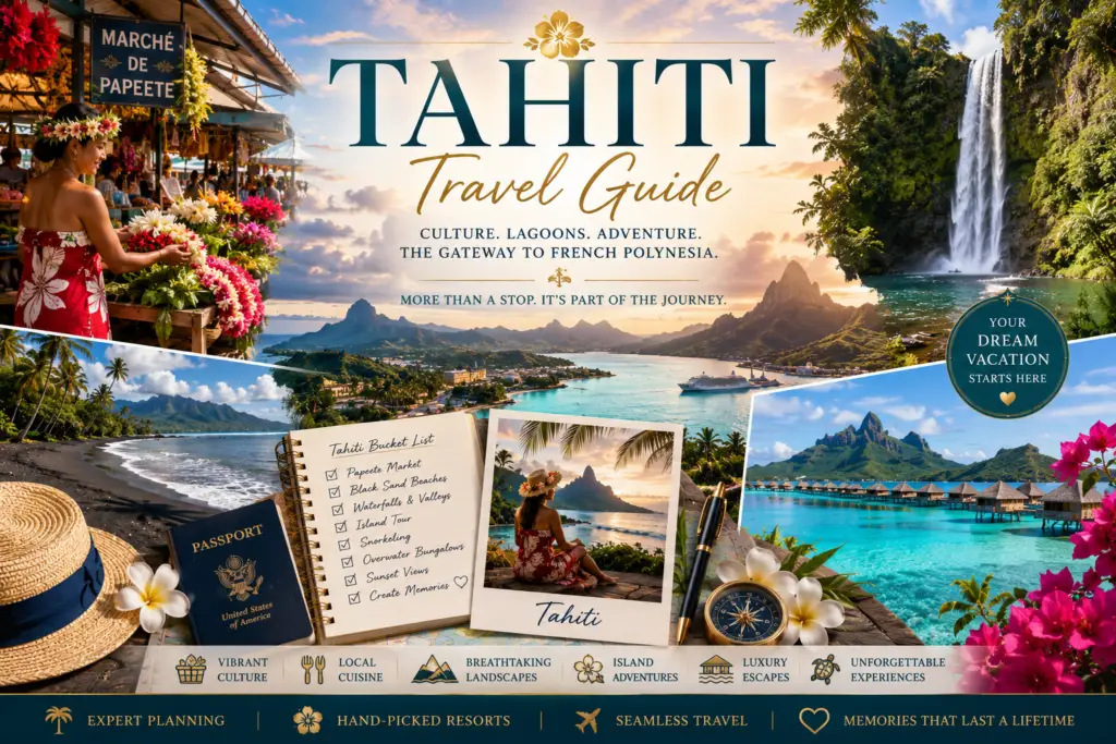 Magical Tahiti travel guide collage with volcanic mountains Papeete market black sand beach waterfall lagoon Bora Bora and premium vacation planning