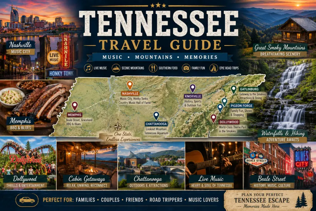 Premium Tennessee travel guide collage with state map pins for Nashville Memphis Great Smoky Mountains Gatlinburg Pigeon Forge Dollywood Chattanooga Knoxville music cabins barbecue waterfalls and family road trips