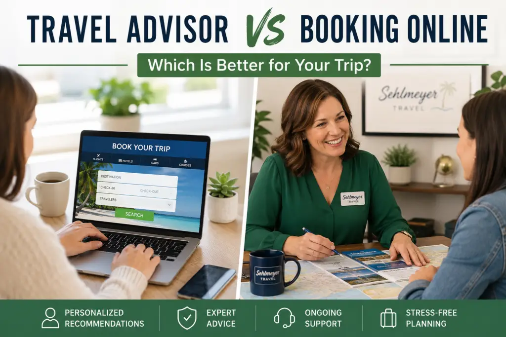 Traveler comparing online booking on a laptop with personal travel advisor planning help for a vacation