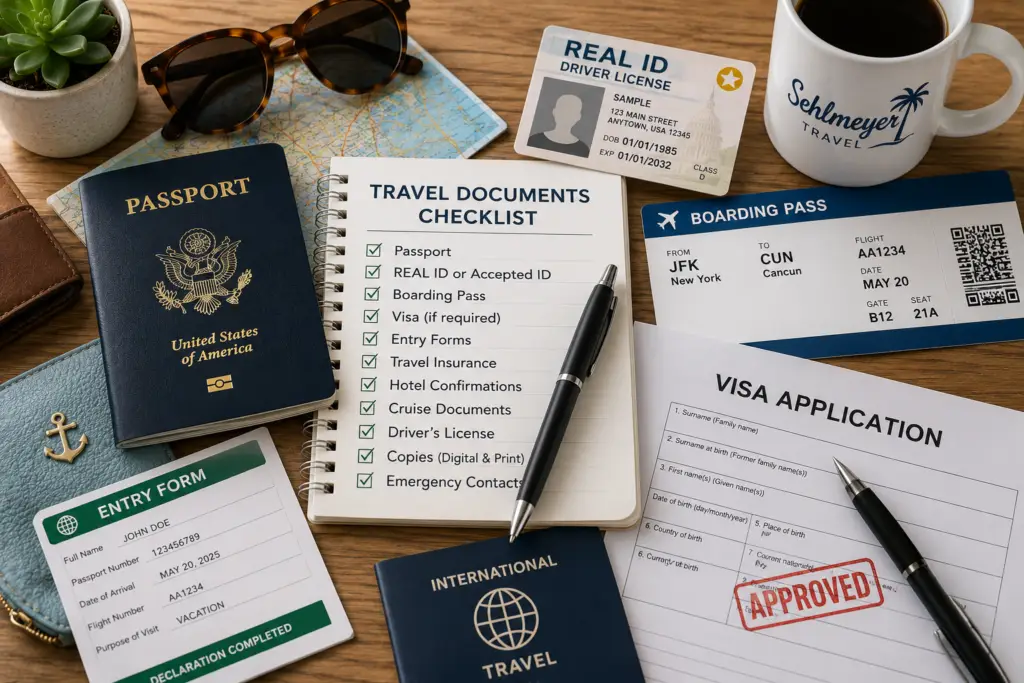 Passport REAL ID boarding pass visa form and travel checklist on a desk for a travel documents guide