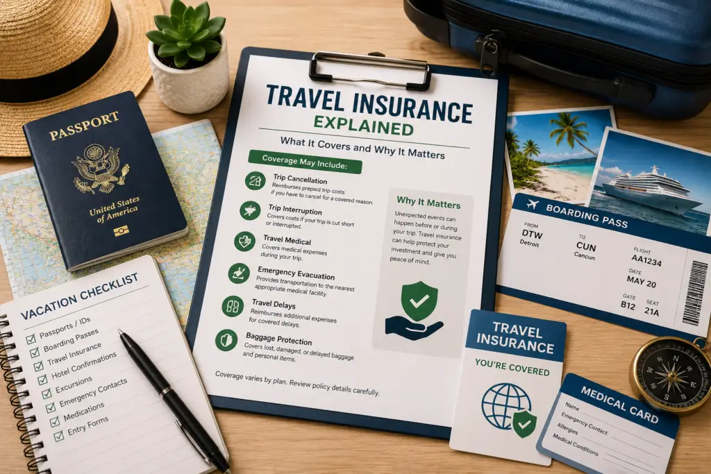 Travel insurance documents with passport luggage cruise ticket medical card and vacation checklist for a travel protection guide