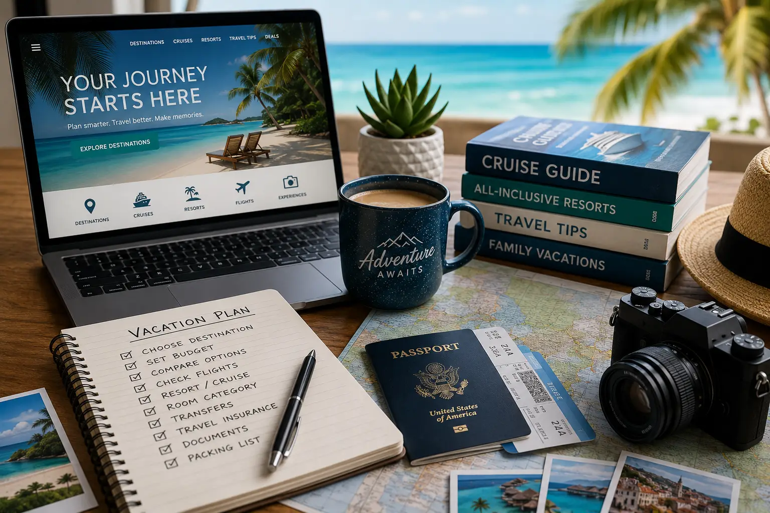 Travel planning guides collage with map, passport, calendar, checklist, cruise, resort, family vacation, flights, luggage, and Sehlmeyer Travel planning for smarter trips