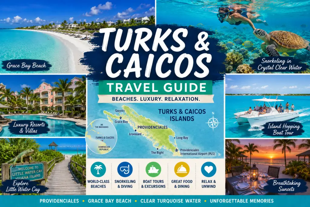Turks and Caicos travel collage with Grace Bay turquoise water white sand Providenciales snorkeling boat tour beach resort island map and Caribbean scenery