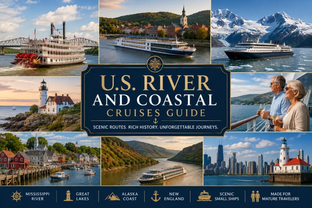 Premium U.S. river and coastal cruises collage with Mississippi riverboat Great Lakes small ship Alaska coast New England harbor and mature travelers