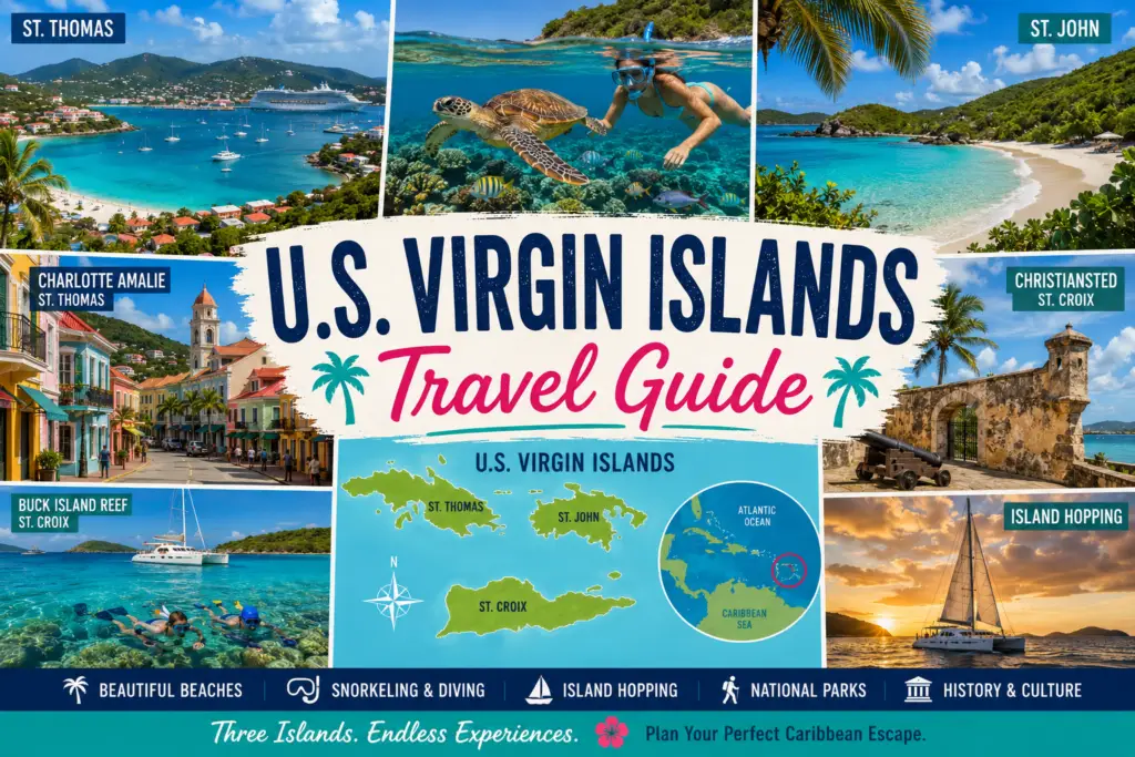 U.S. Virgin Islands travel collage with St. Thomas St. John St. Croix turquoise beaches snorkeling island hopping national park scenery and Caribbean map