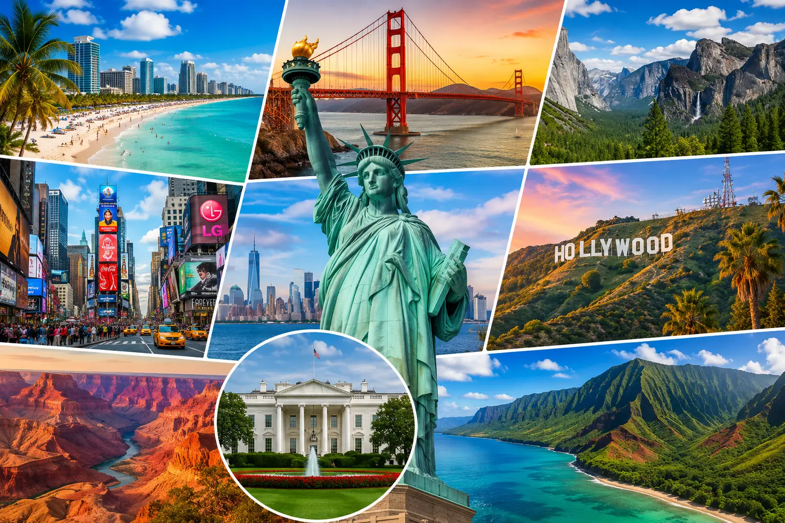 USA travel guides collage with Florida beach, Statue of Liberty, Hollywood sign, national parks, Alaska, Hawaii, family vacations, city trips, and Sehlmeyer Travel planning for domestic vacations