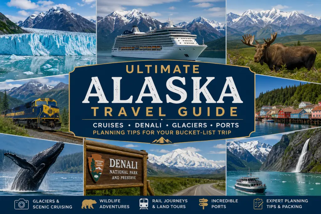Ultimate Alaska travel guide collage with glaciers mountains cruise ship Denali rail travel wildlife scenic ports and bucket-list planning details