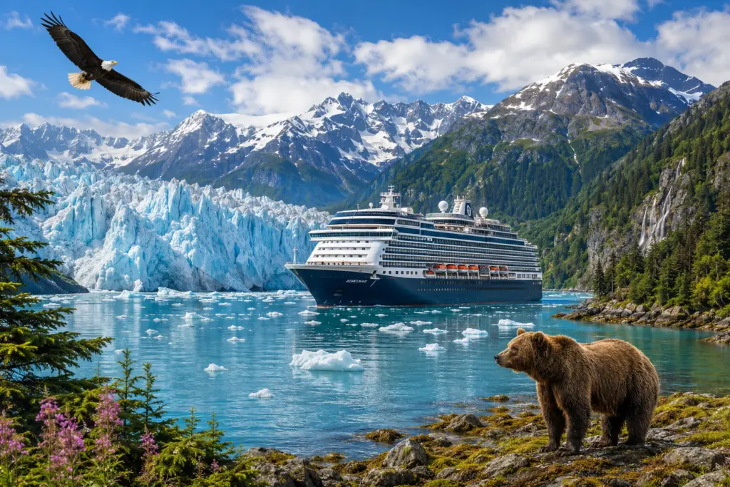 Alaska cruise ship near glaciers mountains and wildlife for an Ultimate Alaska travel guide covering cruises Denali and planning tips