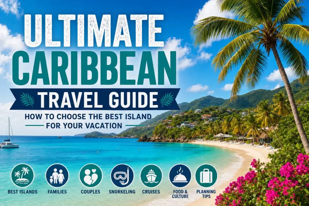 Tropical Caribbean beach with turquoise water palm trees and island scenery for an ultimate Caribbean travel guide